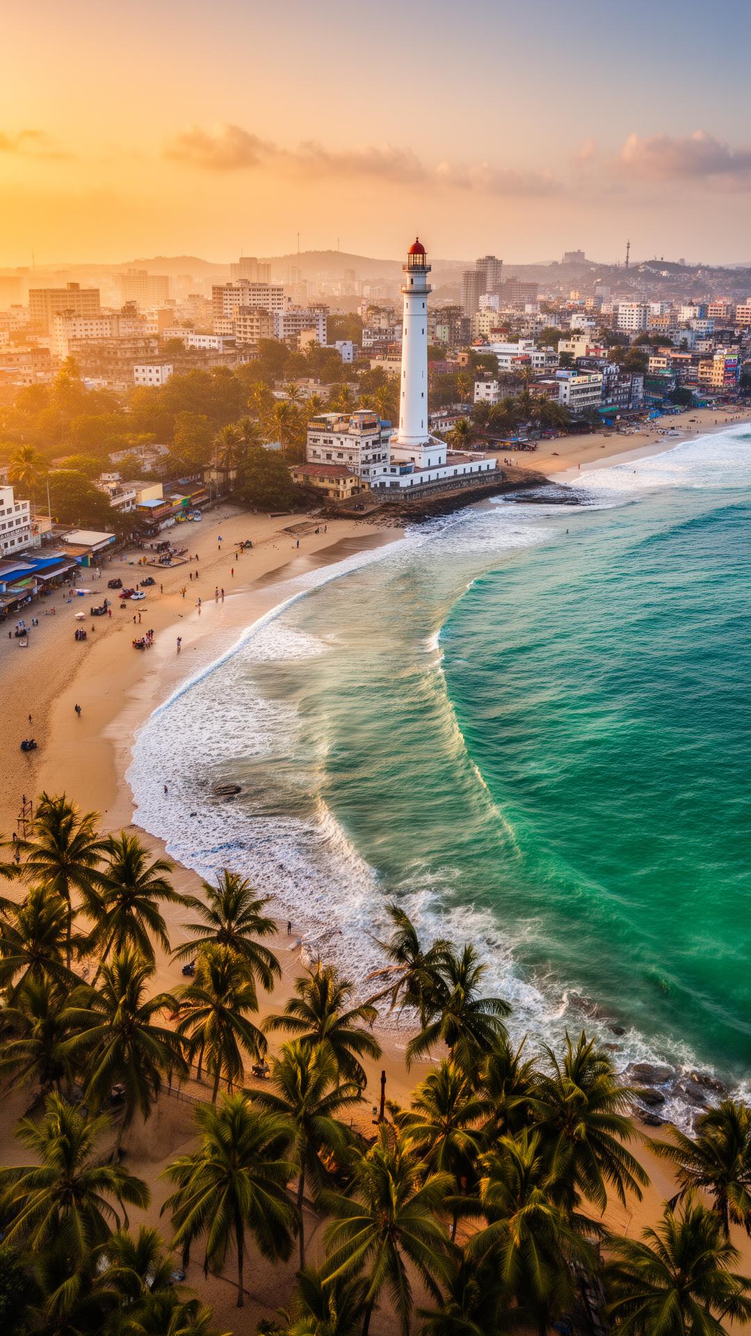 Aerial view of Visakhapatnam RK Beach with the lighthouse and Bay of Bengal coastline